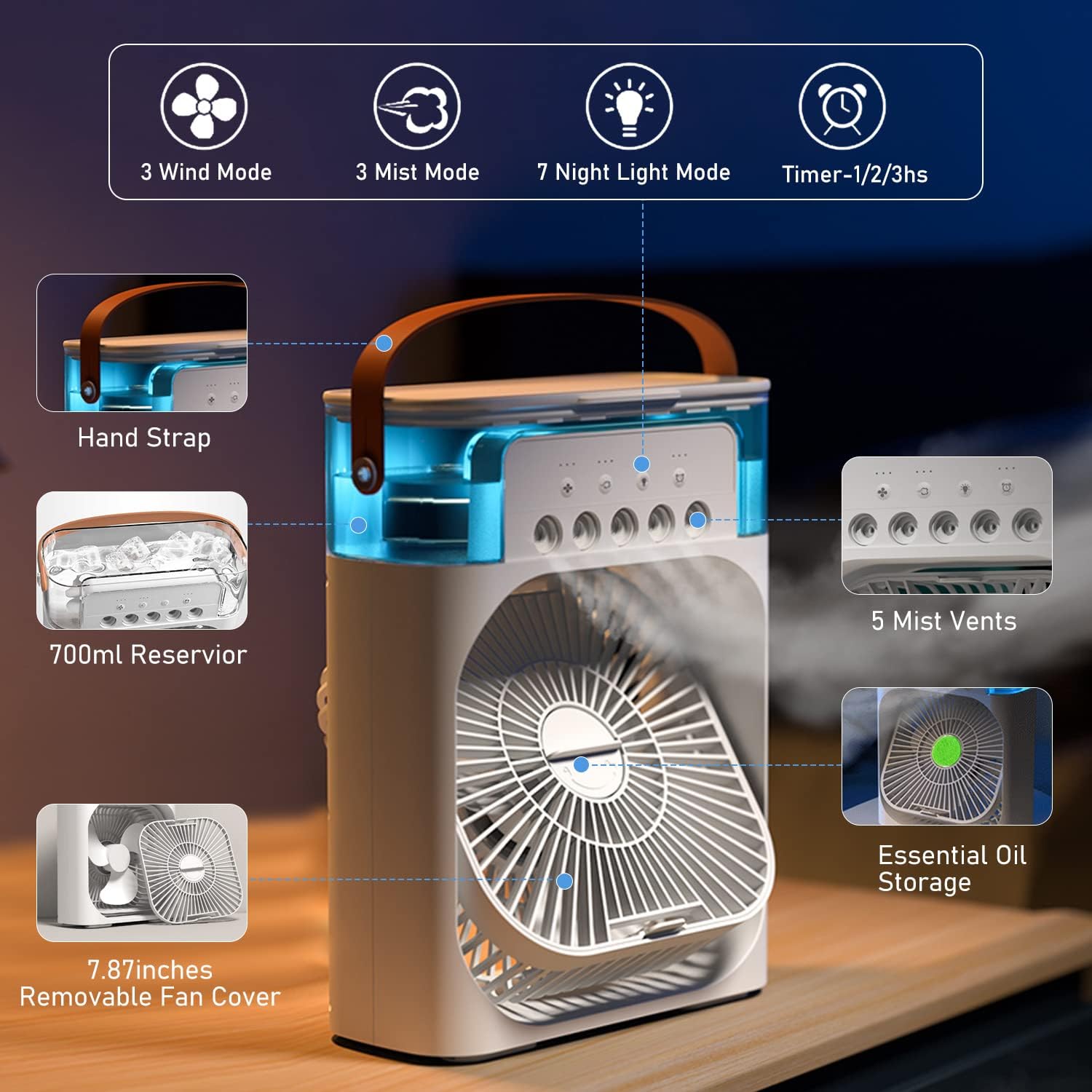 3-in-1 Portable Air Cooler – Personal USB Fan, Water Mist Humidifier & LED Night Light